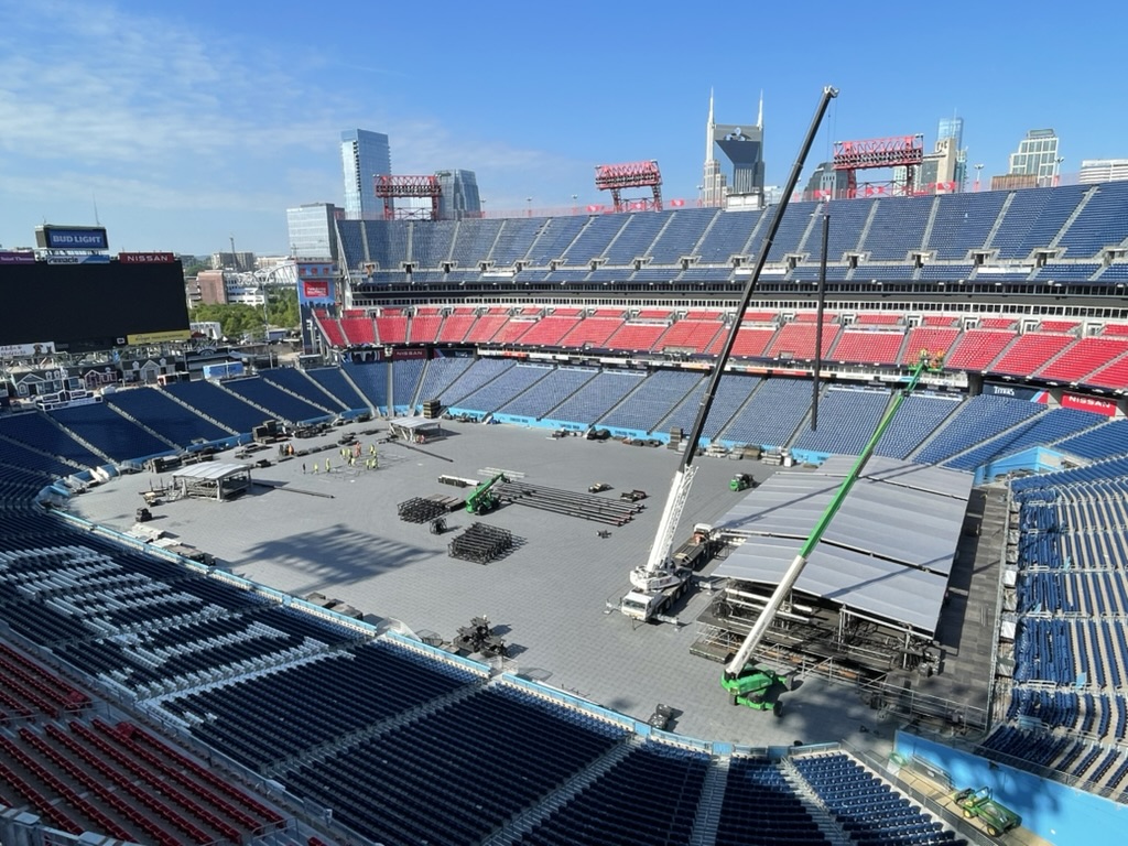 CMA Fest stage canopy structure taking shape during build week at Nissan Stadium