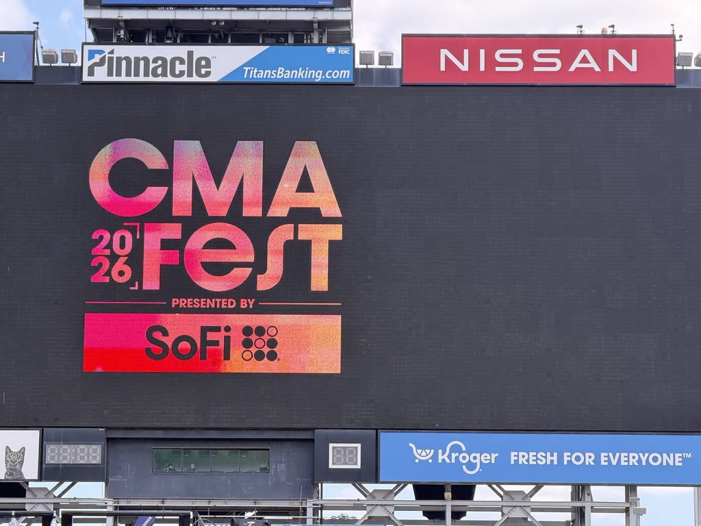 CMA Fest 2026 presented by SoFi logo displayed on the Nissan Stadium scoreboard